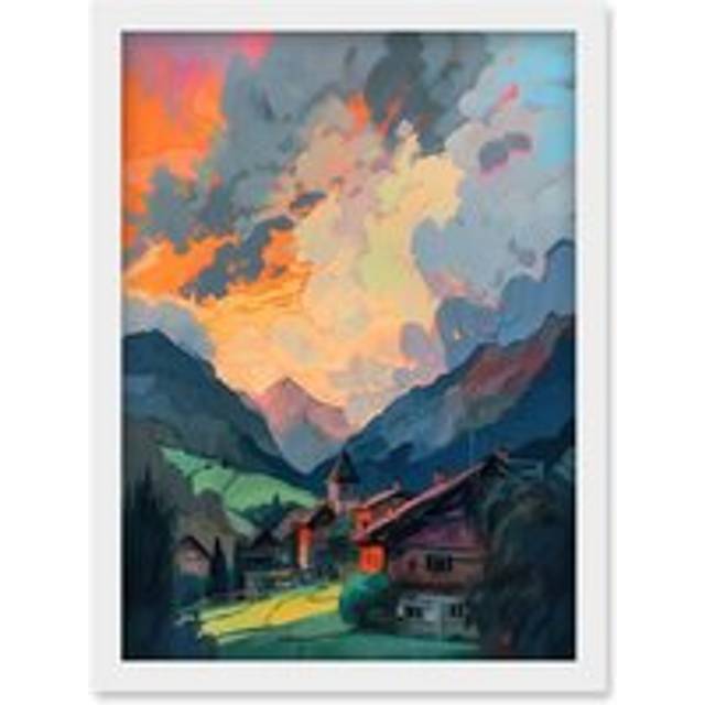 Small Village in the Alps Atmospheric Clouds Over Cabins at Dawn Modern Watercolour Painting Artwork Framed Wall Art Print A4 - White - One Size
