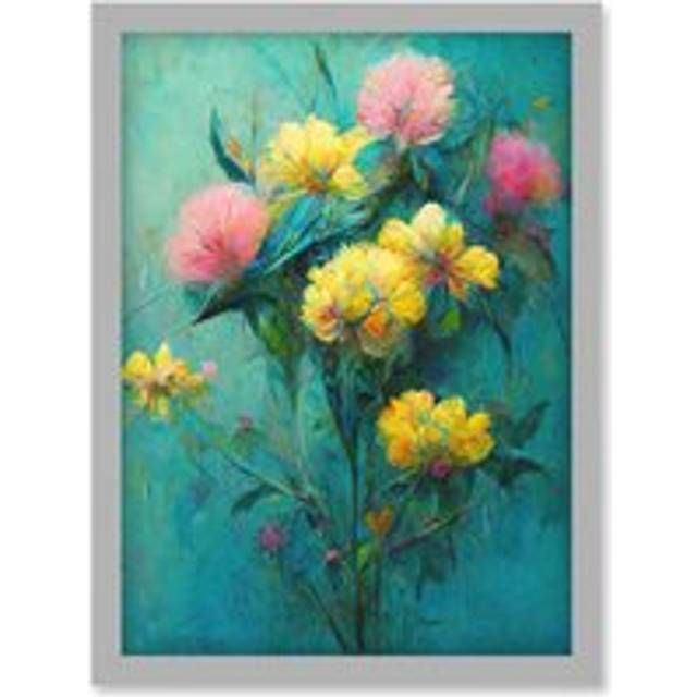 Pink And Yellow Flower Bouquet In Teal Oil Painting Artwork Framed Wall Art Print A4 - Grey - One Size