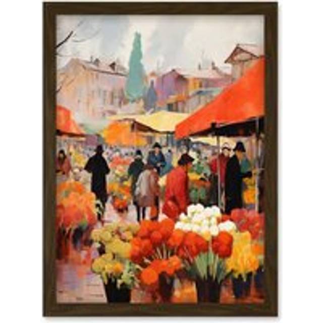 Wall Art Print Busy Flower Market Warm Amber Orange Yellow Oil Painting Artwork Framed A4 - Brown - A4