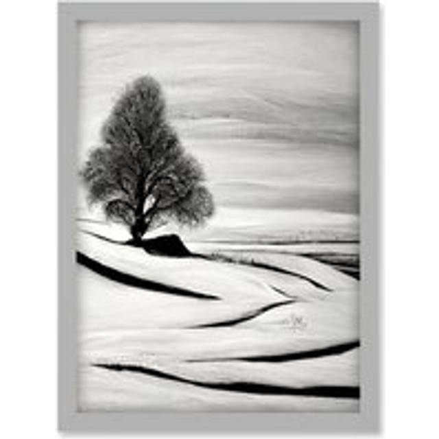 Lone Tree Winter Landscape Illustration Black White Artwork Framed Wall Art Print A4 - Grey - One Size