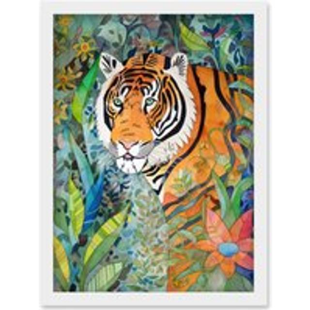 Jungle Tiger Flowers Leaves Folk Art Artwork Framed Wall Art Print A4 - White - One Size