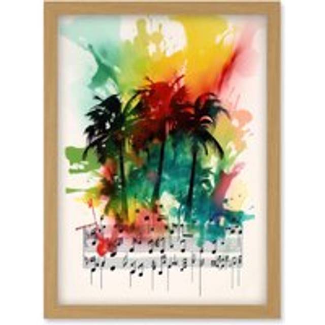Melodic Oasis Tropical Palm Tree Sonata Music Modern Splat Paint Watercolour Painting Artwork Framed Wall Art Print A4 - Tan - One Size