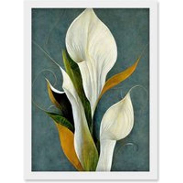 White Calla Lily Bouquet Flowers In Blue Background Realism Artwork Framed Wall Art Print A4 - One Size