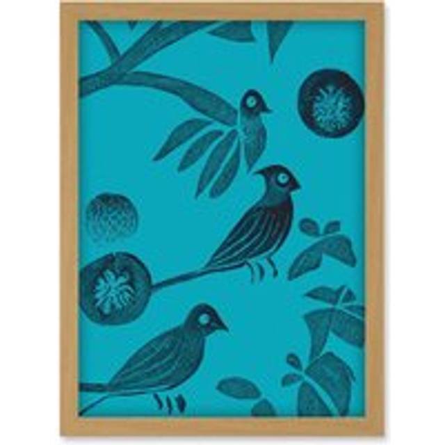 Linocut Vintage Blue Birds Jungle Pattern Illustration Teal Artwork Framed Wall Art Print A4 - Tan - One Size