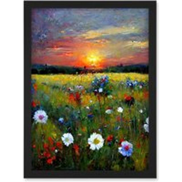 Wildflower Floral Landscape Sunrise Oil Artwork Framed Wall Art Print A4 - Black - One Size