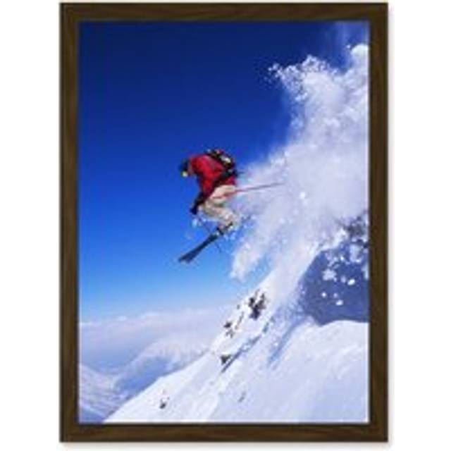Skier Ski Jumping Snow Sport Sky A4 Artwork Framed Wall Art Print - Brown - One Size