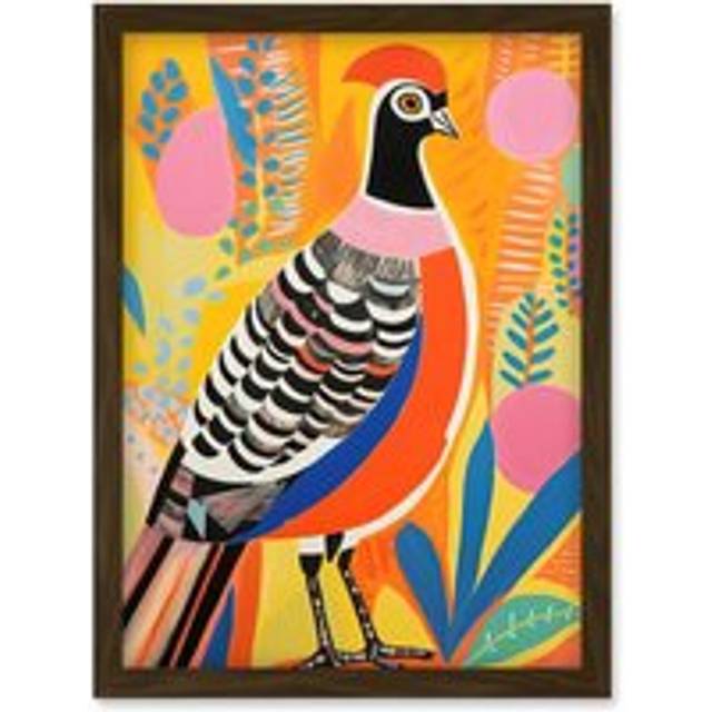 Wall Art Print Pleasant Pheasant Bright Bold Vibrant Colourful Grassland Acrylic Painting Artwork Orange Pink Blue Folk Artwork Framed A4 - Brown - A4