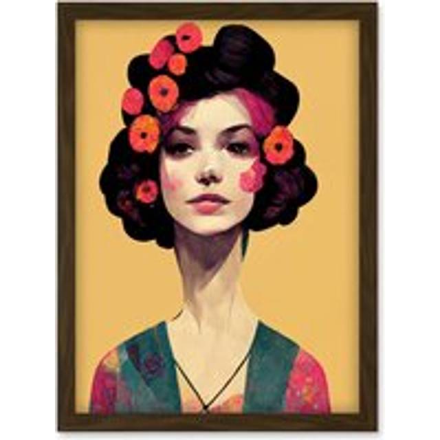 Elegant Vintage Boho Portrait Floral Hair Woman Artwork Framed Wall Art Print A4 - Brown - One Size
