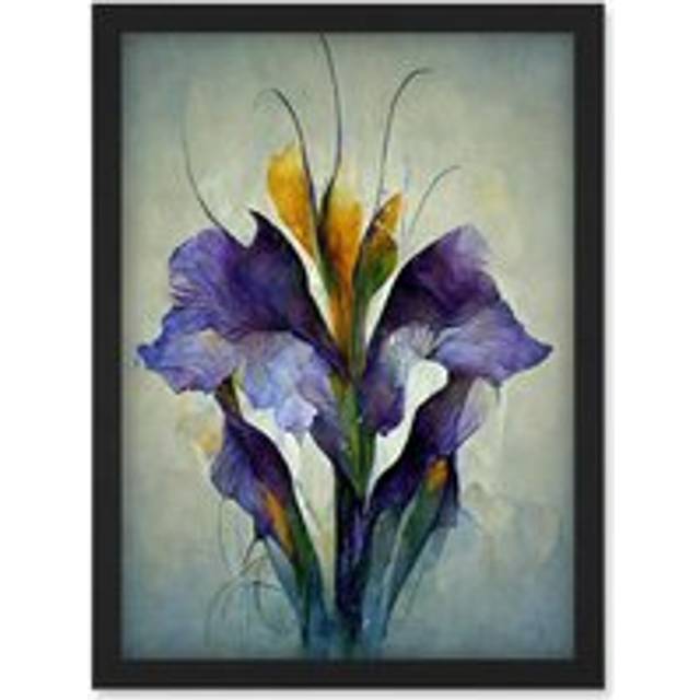Iris Bouquet Modern Watercolour Artwork Framed Wall Art Print A4 - Black - One Size