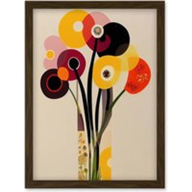 Abstract Retro Spring Summer Flowers Floral Yellow Burgundy Orange Bouquet Vase Artwork Framed Wall Art Print A4 - Brown - One Size