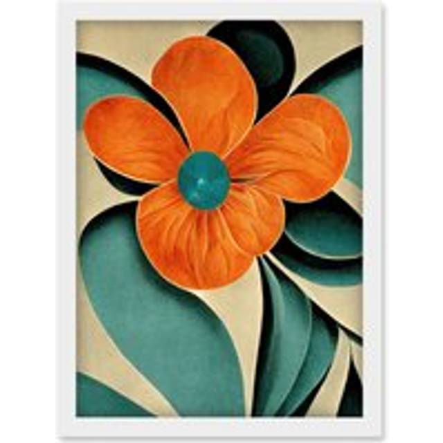 Bold Art Deco Flowers Teal Orange Cream Poppy Artwork Framed Wall Art Print A4 - White - One Size