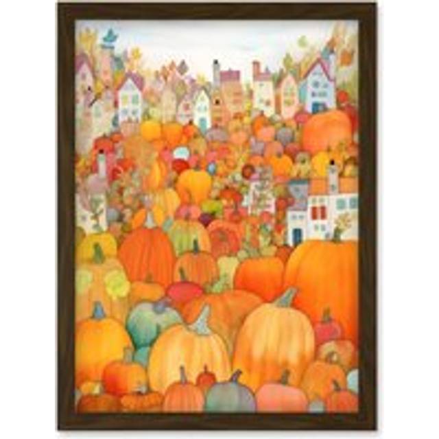 Halloween Pumpkin Festival Autumn Harvest Modern Folk Art Watercolour Painting Artwork Framed Wall Art Print A4 - Brown - One Size