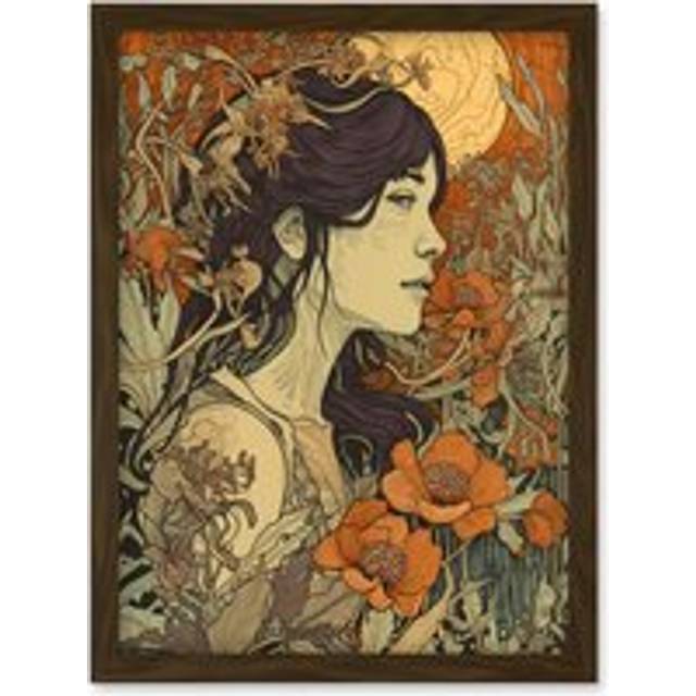 Woman in Autumn Poppy Field Linocut Illustration Artwork Framed Wall Art Print A4 - Brown - One Size