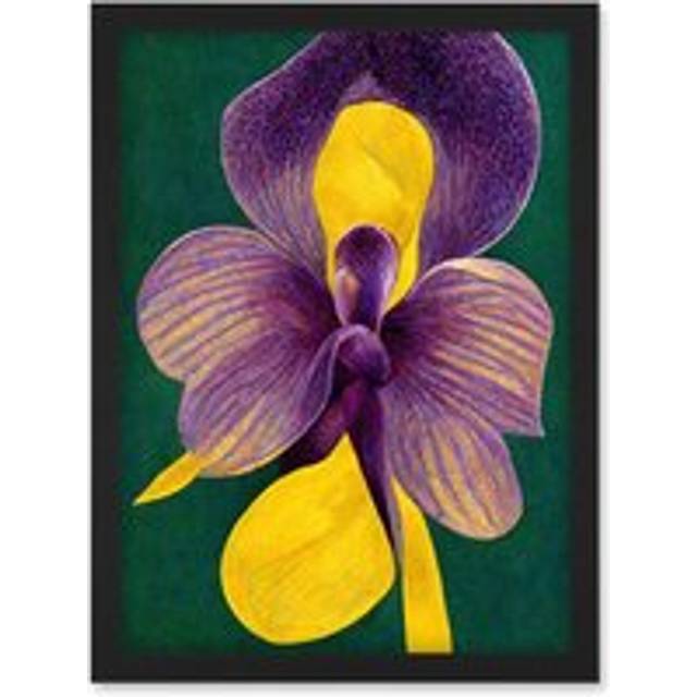 Bold Orchid Purple & Yellow On Green Artwork Framed Wall Art Print A4 - Black - One Size