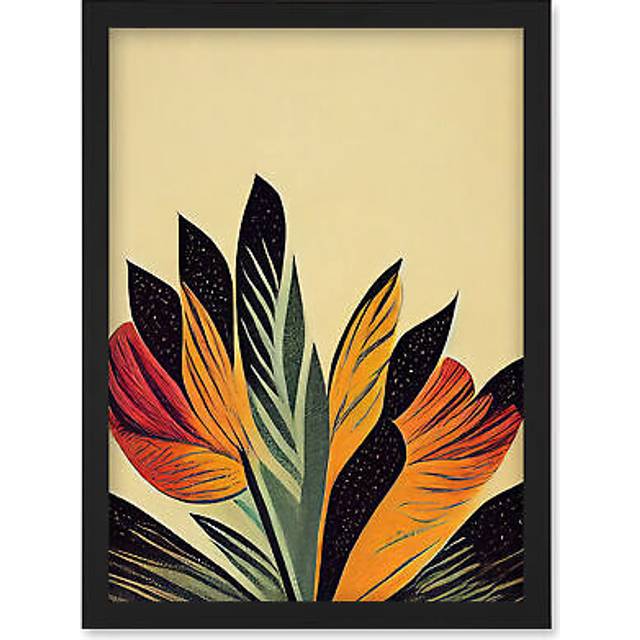 Abstract Retro Art Nouveau Flowers in Bloom Black Gold Artwork Framed Wall Art Print A4 - One Size