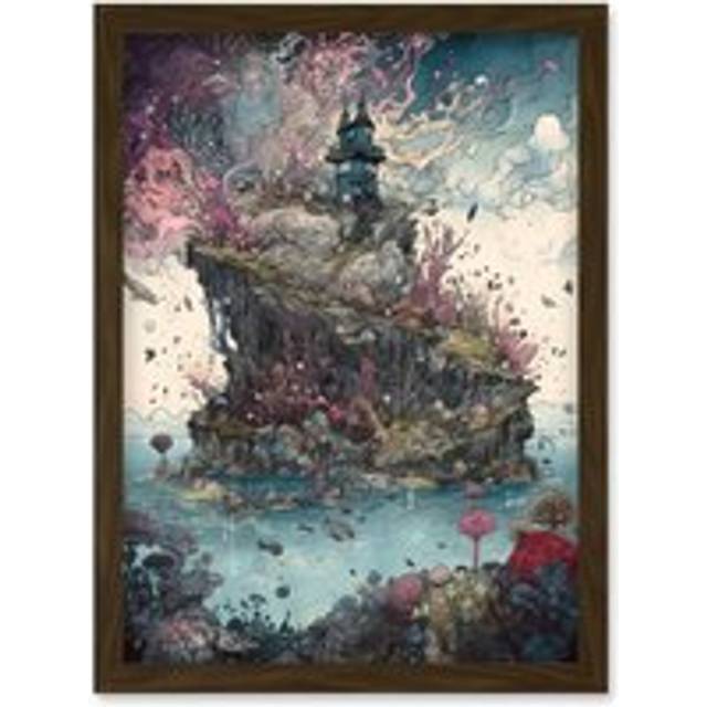 Fantasy World Coastal Island Landscape Nymph House Magical Marine Life Flying Fish Seaweed Cloud Artwork Framed Wall Art Print A4 - Brown - One Size