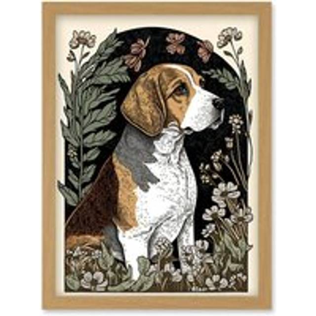Beagle Dog with Daisies Modern Stylised Illustration Artwork Framed Wall Art Print A4 - Tan - One Size