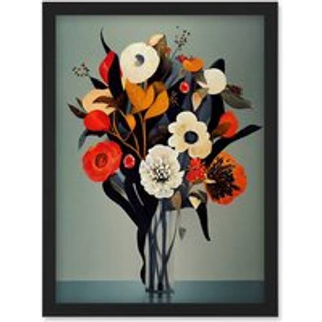 Winter Flower Floral Bouquet Orange Navy Cream Modern Acrylic Paint Artwork Framed Wall Art Print A4 - Black - One Size