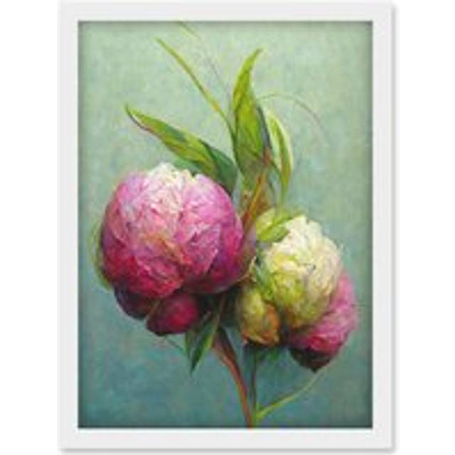 Modern Pink And White Peony Flowers In Teal Artwork Framed Wall Art Print A4 - One Size