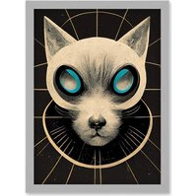 Retro Space Cyber Cat Head Poster Artwork Framed Wall Art Print A4 - Grey - One Size