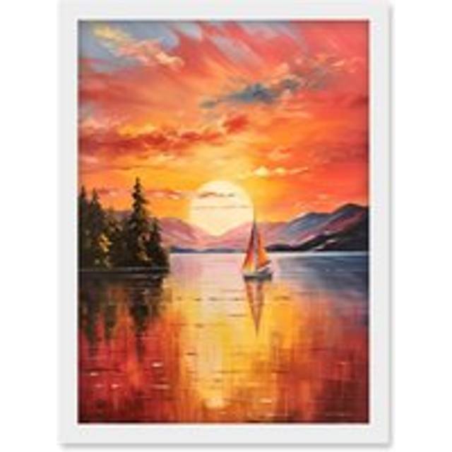 Wall Art Print Serene Lake Sunset Sailing Vibrant Oil Painting Sail Boat Lakeside Mountain Landscape Artwork Framed A4 - White - A4