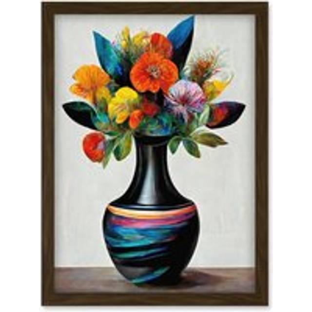 Exotic Vibrant Flower Bouquet In Black Decorated Vase Artwork Framed Wall Art Print A4 - Brown - One Size