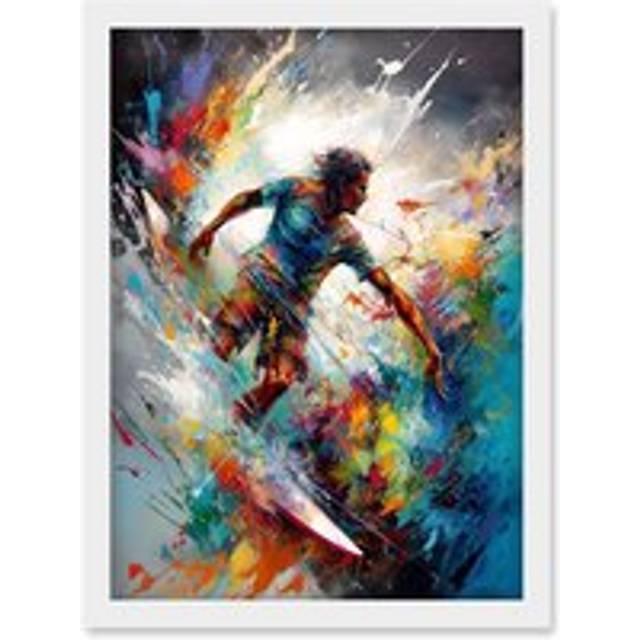 Surfer Surfing on Rainbow Paint Splat Waves Artwork Framed Wall Art Print A4 - White - One Size