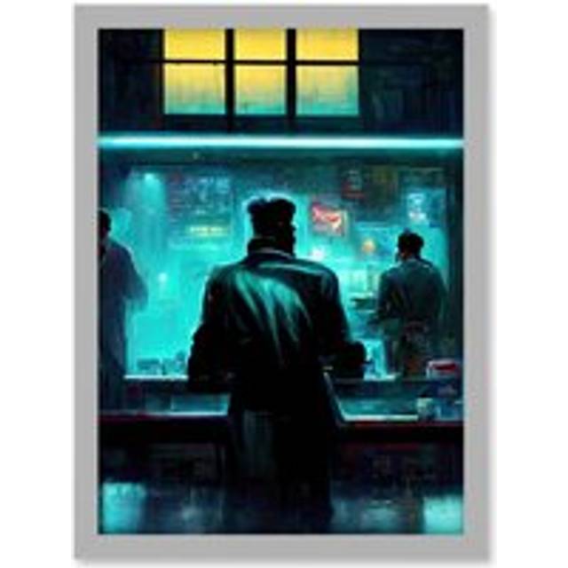 Nighthawks Style Futuristic Cyber Noir Bar Artwork Framed Wall Art Print A4 - Grey - One Size