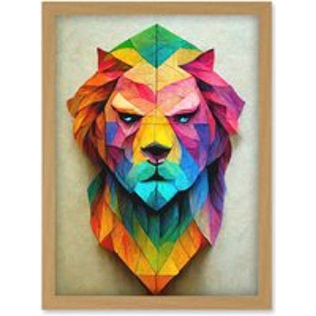 Vibrant Geometric Lion Head Decoupage Artwork Framed Wall Art Print A4 - Tan - One Size