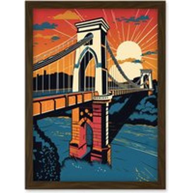 Clifton Suspension Bridge Sunset Modern Pop Art Artwork Framed Wall Art Print A4 - Brown - One Size