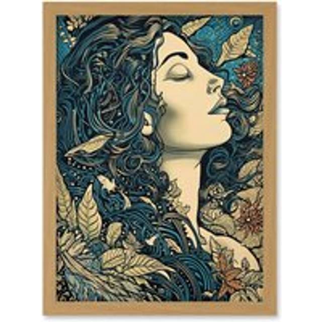 Mother Nature Modern Boho Art Nouveau Linocut Artwork Framed Wall Art Print A4 - Tan - One Size