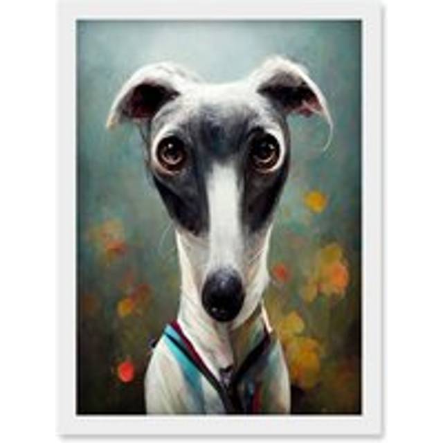 Cute Greyhound Whippet Dog In Summer Meadow Painting Artwork Framed Wall Art Print A4 - White - One Size