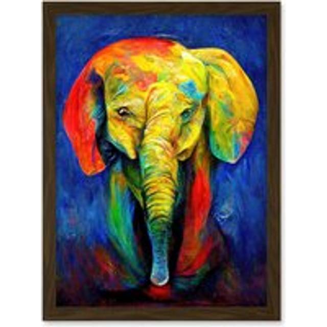 Surreal Baby Elephant Colourful Abstract Bright Artwork Framed Wall Art Print A4 - Brown - One Size