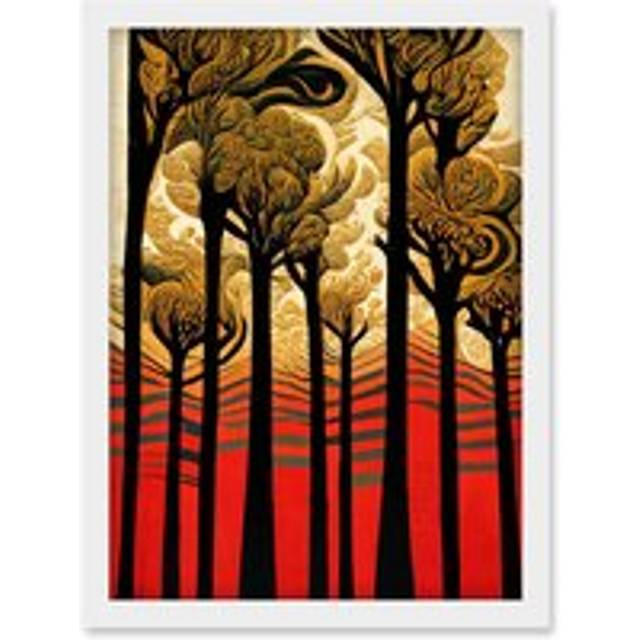 Gold Forest Trees At Sunset Modern Painting Artwork Framed Wall Art Print A4 - White - One Size