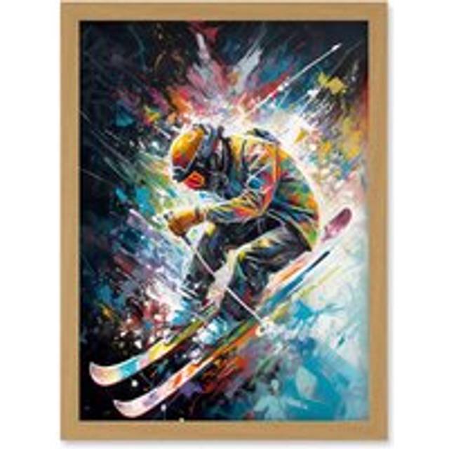 Skier Skiing Vibrant Splatter Art Motion Painting Artwork Framed Wall Art Print A4 - Tan - One Size