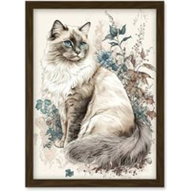 Blue Point Ragdoll Cat with Flowers Watercolour Illustration Artwork Framed Wall Art Print A4 - Brown - One Size