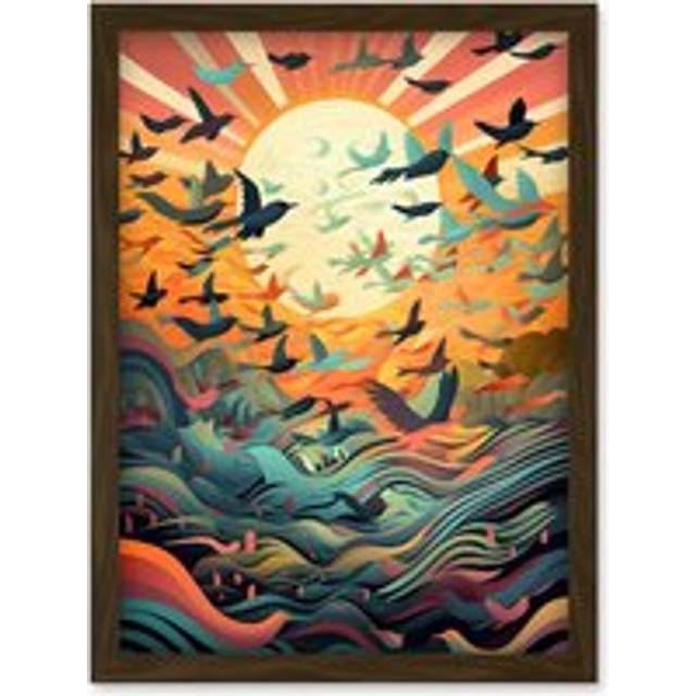 Flock of Birds Flying at Sunrise Modern Folk Art Artwork Framed Wall Art Print A4 - Brown - One Size