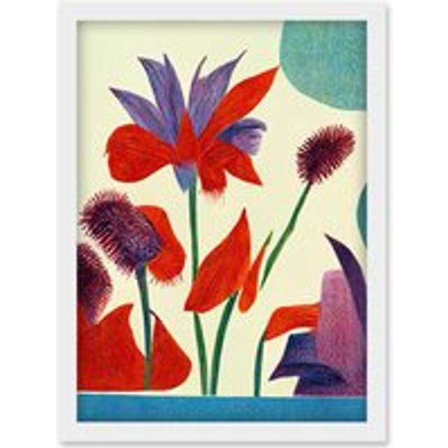 Abstract Red Purple Jungle Flowers Floral Artwork Framed Wall Art Print A4 - White - One Size