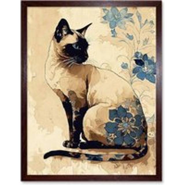 Wall Art Print Siamese Cat with Blue Flowers Watercolour and Ink Modern Art Framed - Brown - W12 inch x H16 inch