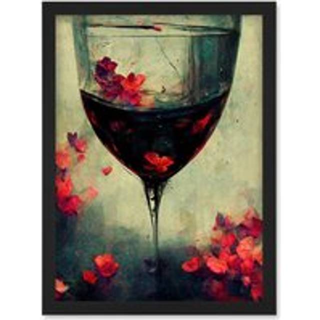 Red Wine Glass And Pink Flowers Watercolour Artwork Framed Wall Art Print A4 - Black - One Size