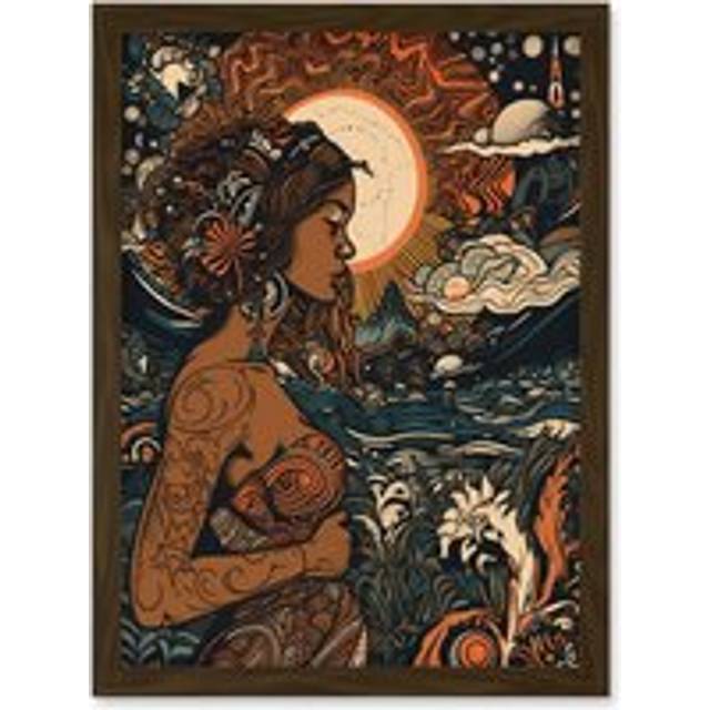Gaia Mother Nature Modern Art Nouveau Folk Art Artwork Framed Wall Art Print A4 - Brown - One Size