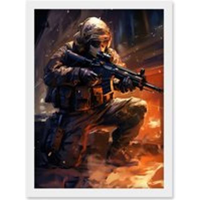 Wall Art Print Army Warfare Desert Sniper Explosion Flames Oil Painting Soldier Action Scene Artwork Framed A4 - White - A4