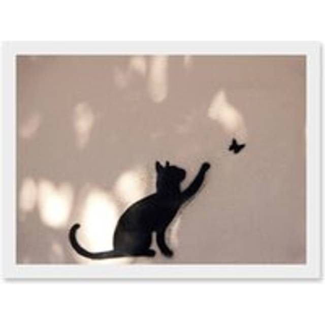 Cat Butterfly Silhouette Graffiti Art Picture A4 Artwork Framed Wall Art Print - White - One Size