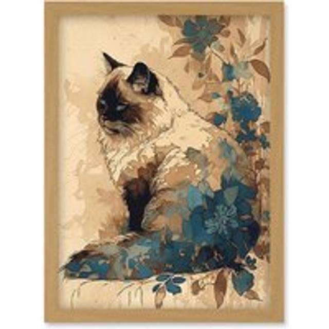 Ragdoll Cat with Floral Patterns Watercolour Illustration Artwork Framed Wall Art Print A4 - Light Oak - One Size