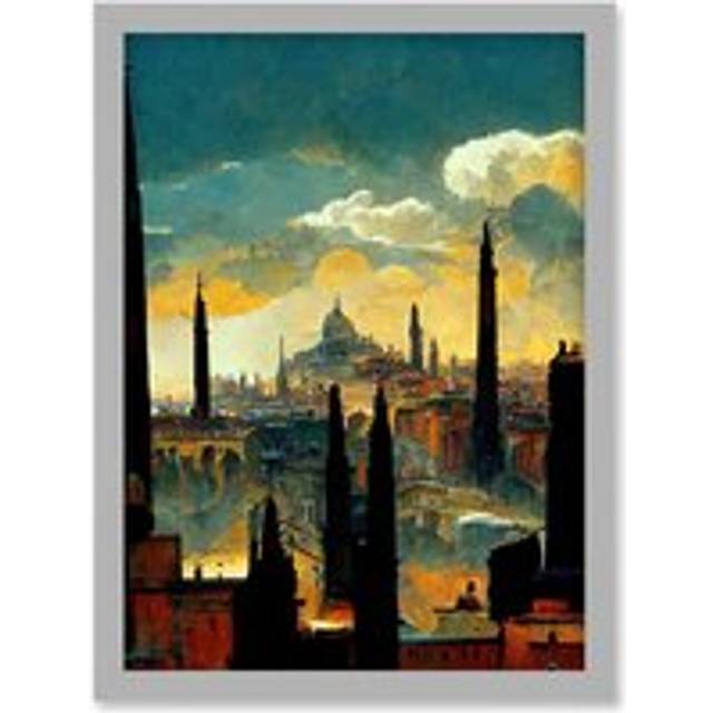 Industrial Cityscape Sunset Artwork Framed Wall Art Print A4 - Grey - One Size