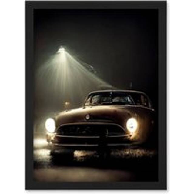 Cinematic Atmospheric Night Shot Of Vintage Car Headlights Artwork Framed Wall Art Print A4 - Black - One Size