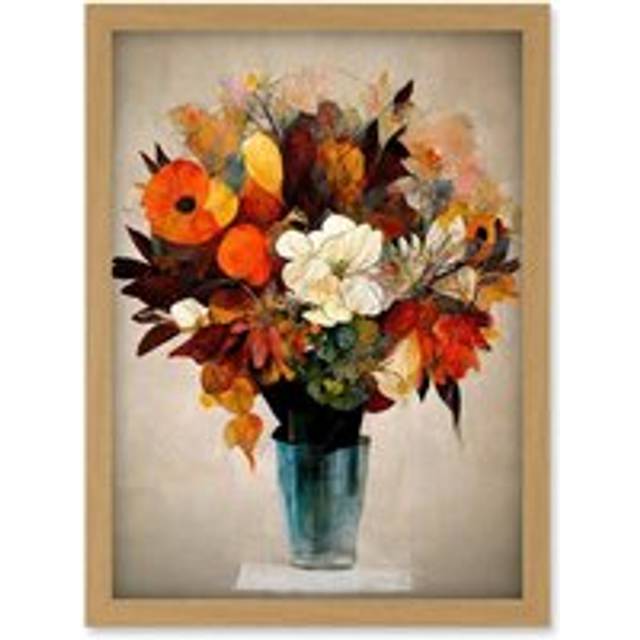Autumn Field Flower Bouquet In Vase Modern Painting Artwork Framed Wall Art Print A4 - Tan - One Size