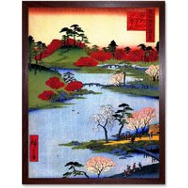 Wall Art Print Utagawa Hiroshige Colourful Ukiyo-e Japanese Woodblock River Landscape with Cherry Blossom Trees Art Framed - Brown - W12 inch x H16 in - W12 inch x H16 inch