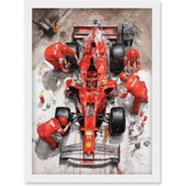 Grand Prix Race Car Wheel Change Aerial Shot Artwork Framed Wall Art Print A4 - White - One Size