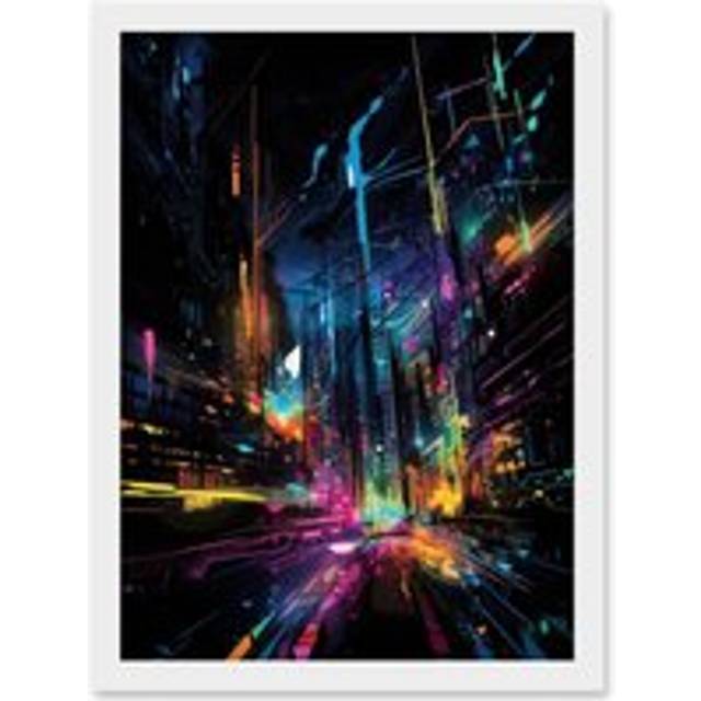 New York City at Night Modern Abstract Neon Contrast Painting Artwork Framed Wall Art Print A4 - White - One Size